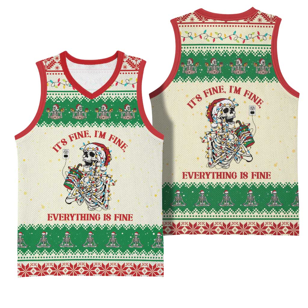 Funny Skeleton Christmas Basketball Jersey It's Fine I'm Fine Everything Is Fine - Wonder Print Shop