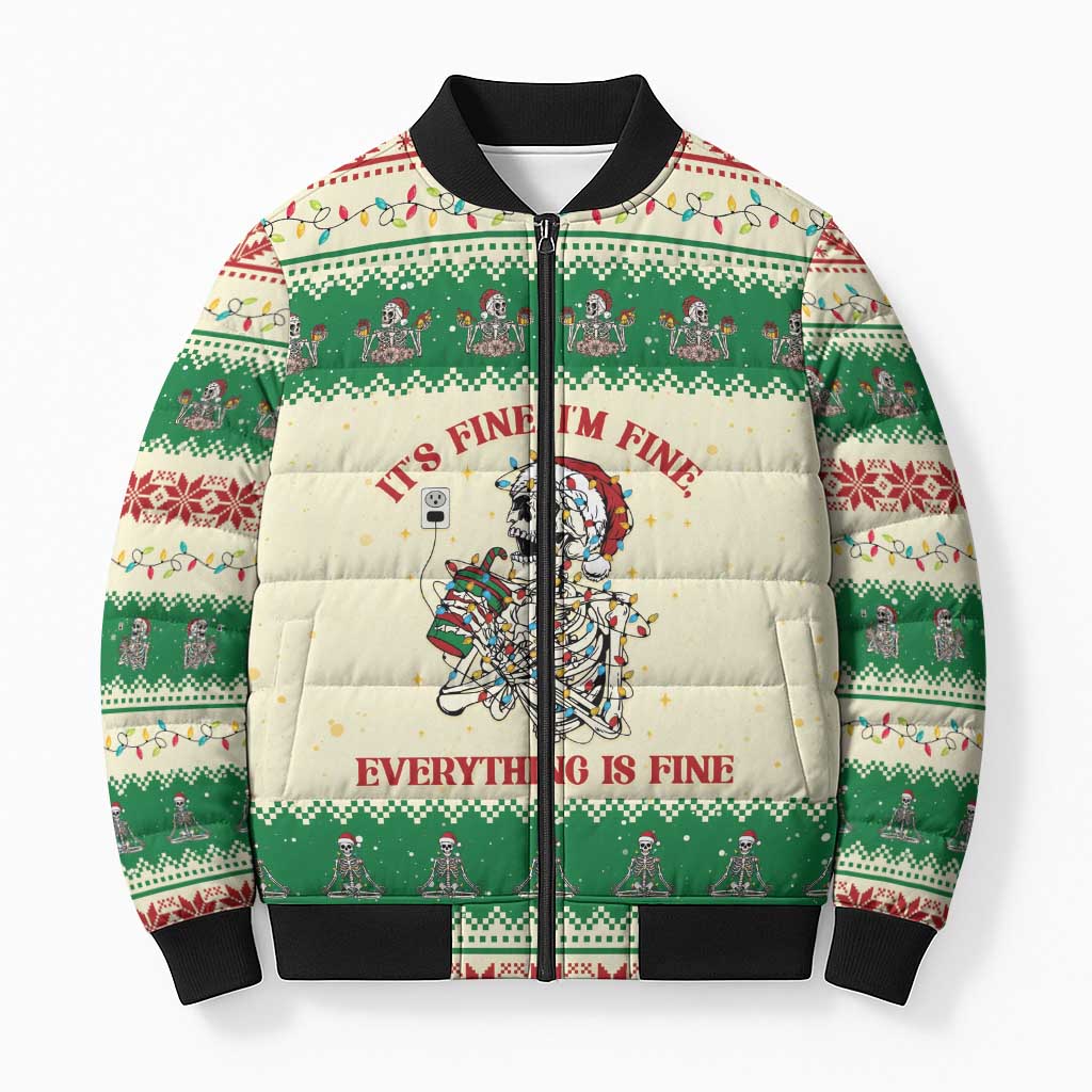 Funny Skeleton Christmas Bomber Puffer Jacket It's Fine I'm Fine Everything Is Fine - Wonder Print Shop