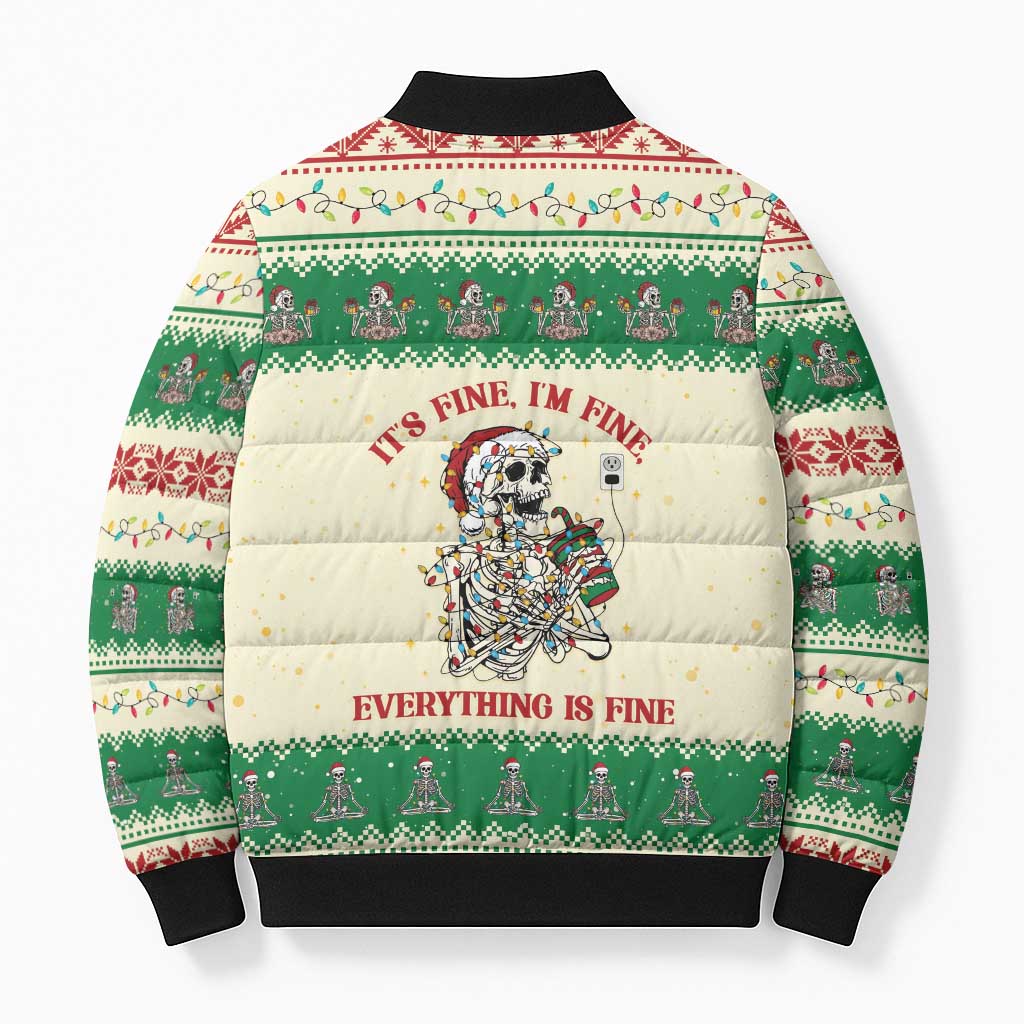 Funny Skeleton Christmas Bomber Puffer Jacket It's Fine I'm Fine Everything Is Fine - Wonder Print Shop