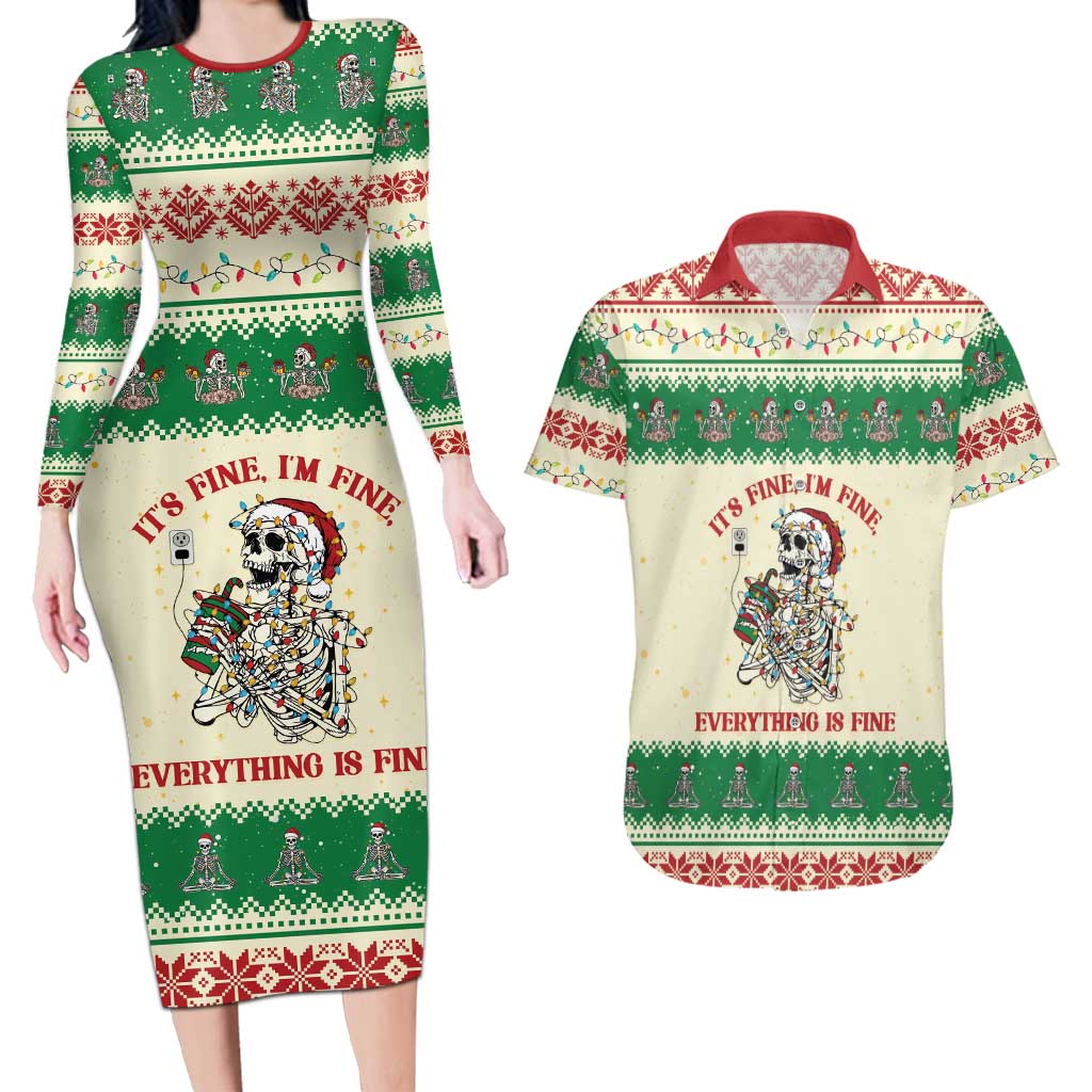 Funny Skeleton Christmas Couples Matching Long Sleeve Bodycon Dress and Hawaiian Shirt It's Fine I'm Fine Everything Is Fine - Wonder Print Shop