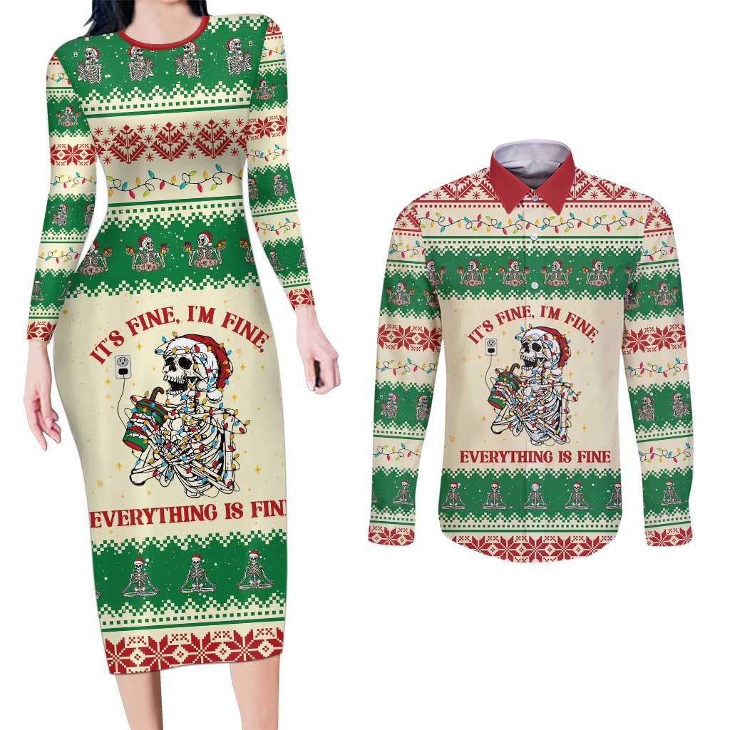 Funny Skeleton Christmas Couples Matching Long Sleeve Bodycon Dress and Long Sleeve Button Shirt It's Fine I'm Fine Everything Is Fine - Wonder Print Shop
