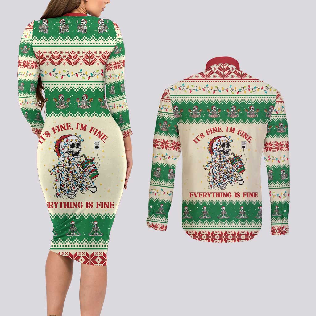 Funny Skeleton Christmas Couples Matching Long Sleeve Bodycon Dress and Long Sleeve Button Shirt It's Fine I'm Fine Everything Is Fine - Wonder Print Shop