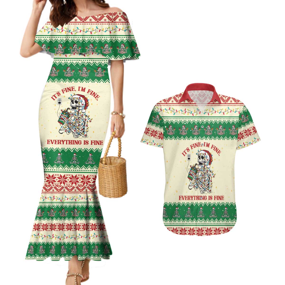 Funny Skeleton Christmas Couples Matching Mermaid Dress and Hawaiian Shirt It's Fine I'm Fine Everything Is Fine - Wonder Print Shop