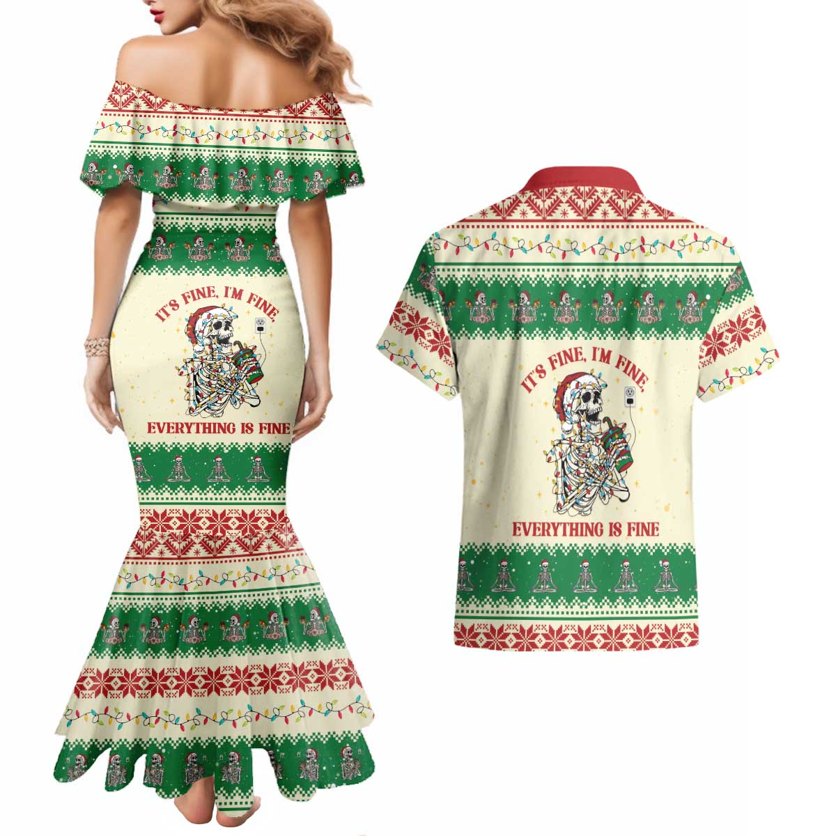 Funny Skeleton Christmas Couples Matching Mermaid Dress and Hawaiian Shirt It's Fine I'm Fine Everything Is Fine - Wonder Print Shop