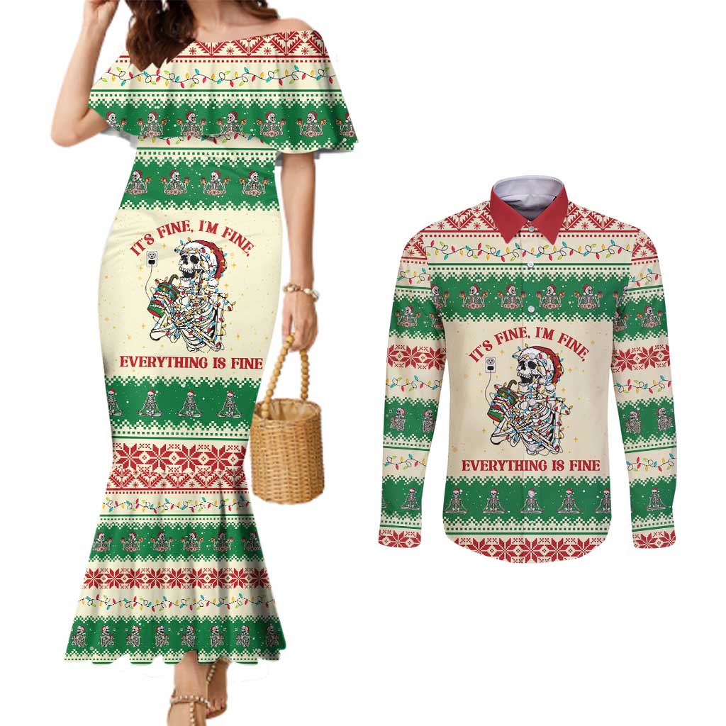 Funny Skeleton Christmas Couples Matching Mermaid Dress and Long Sleeve Button Shirt It's Fine I'm Fine Everything Is Fine - Wonder Print Shop