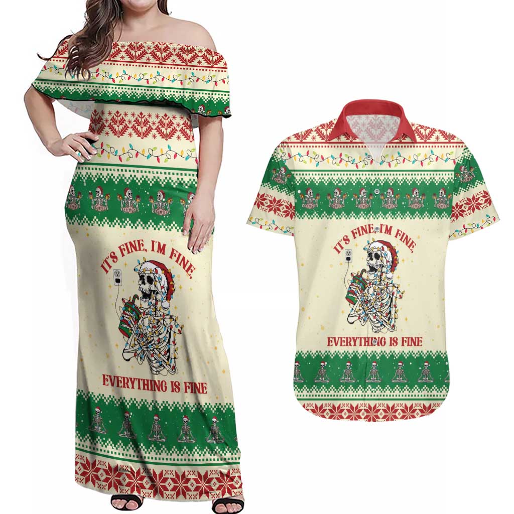 Funny Skeleton Christmas Couples Matching Off Shoulder Maxi Dress and Hawaiian Shirt It's Fine I'm Fine Everything Is Fine - Wonder Print Shop