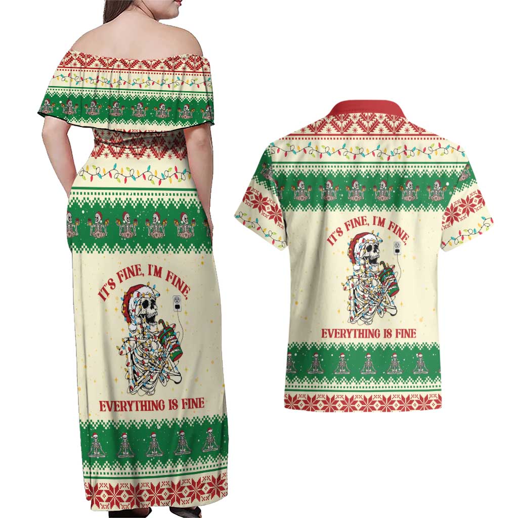Funny Skeleton Christmas Couples Matching Off Shoulder Maxi Dress and Hawaiian Shirt It's Fine I'm Fine Everything Is Fine - Wonder Print Shop