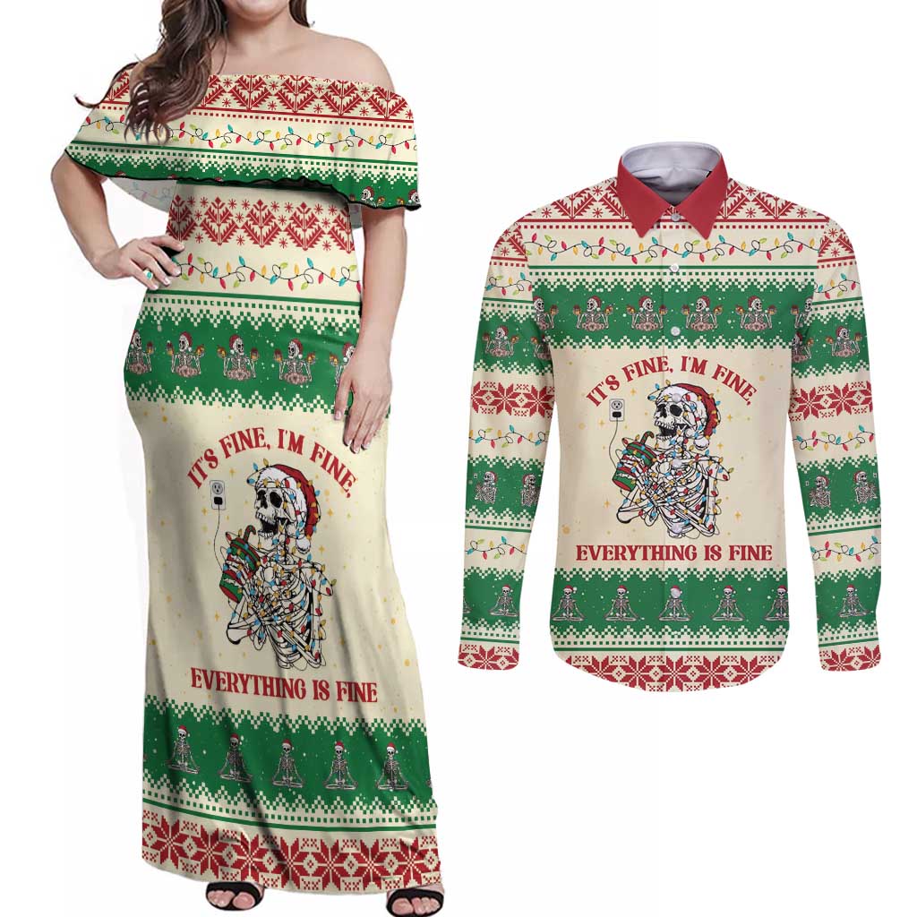 Funny Skeleton Christmas Couples Matching Off Shoulder Maxi Dress and Long Sleeve Button Shirt It's Fine I'm Fine Everything Is Fine - Wonder Print Shop
