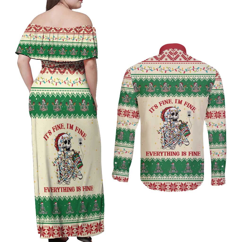 Funny Skeleton Christmas Couples Matching Off Shoulder Maxi Dress and Long Sleeve Button Shirt It's Fine I'm Fine Everything Is Fine - Wonder Print Shop