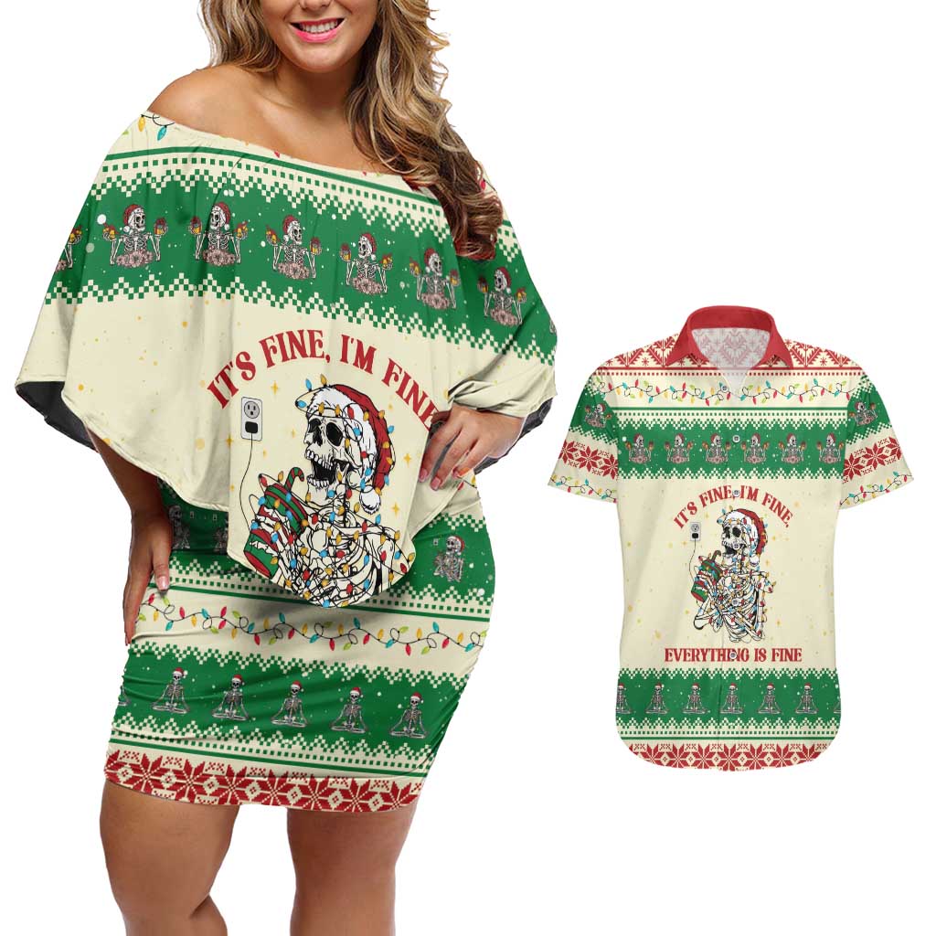 Funny Skeleton Christmas Couples Matching Off Shoulder Short Dress and Hawaiian Shirt It's Fine I'm Fine Everything Is Fine - Wonder Print Shop