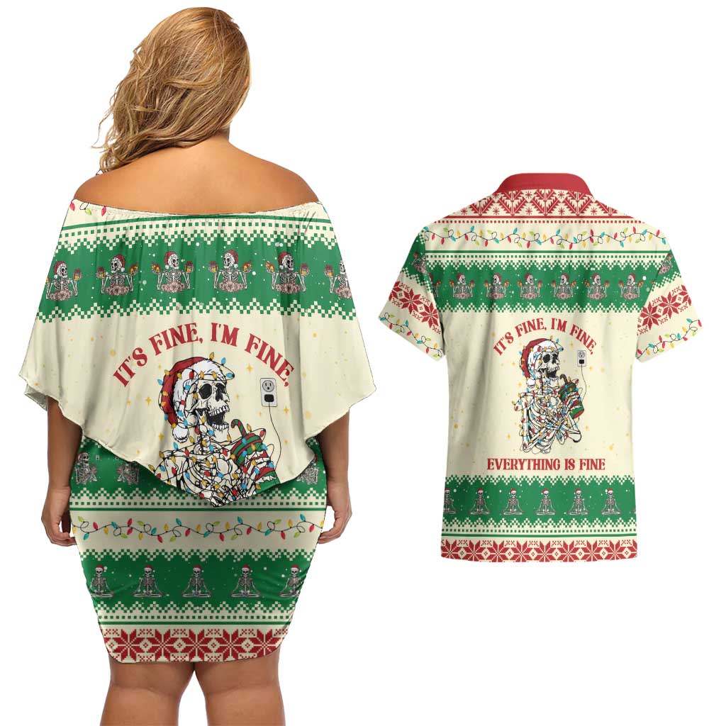 Funny Skeleton Christmas Couples Matching Off Shoulder Short Dress and Hawaiian Shirt It's Fine I'm Fine Everything Is Fine - Wonder Print Shop