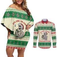 Funny Skeleton Christmas Couples Matching Off Shoulder Short Dress and Long Sleeve Button Shirt It's Fine I'm Fine Everything Is Fine - Wonder Print Shop