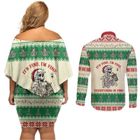 Funny Skeleton Christmas Couples Matching Off Shoulder Short Dress and Long Sleeve Button Shirt It's Fine I'm Fine Everything Is Fine - Wonder Print Shop