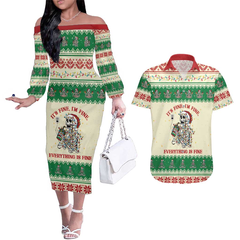 Funny Skeleton Christmas Couples Matching Off The Shoulder Long Sleeve Dress and Hawaiian Shirt It's Fine I'm Fine Everything Is Fine - Wonder Print Shop
