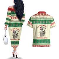 Funny Skeleton Christmas Couples Matching Off The Shoulder Long Sleeve Dress and Hawaiian Shirt It's Fine I'm Fine Everything Is Fine - Wonder Print Shop