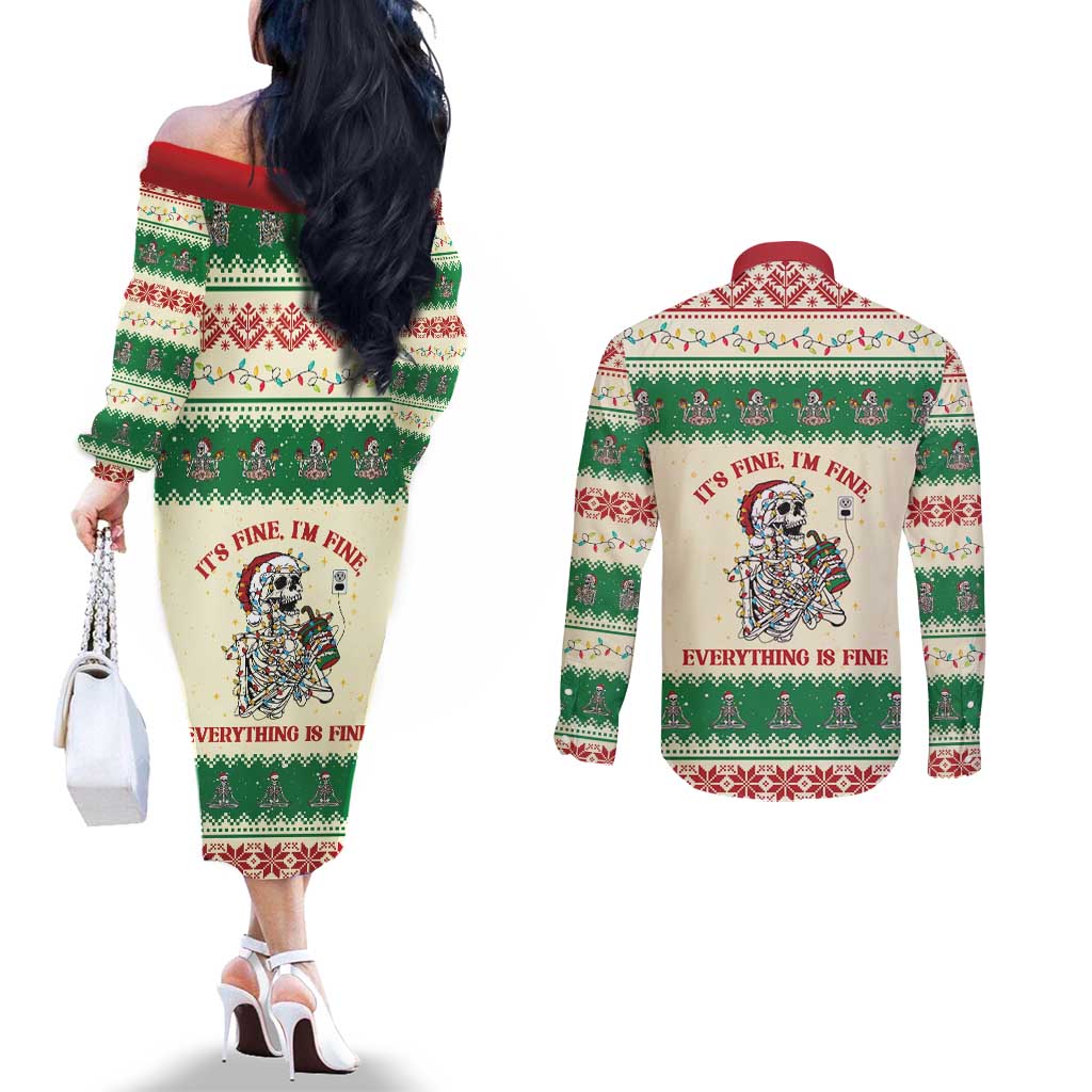 Funny Skeleton Christmas Couples Matching Off The Shoulder Long Sleeve Dress and Long Sleeve Button Shirt It's Fine I'm Fine Everything Is Fine - Wonder Print Shop
