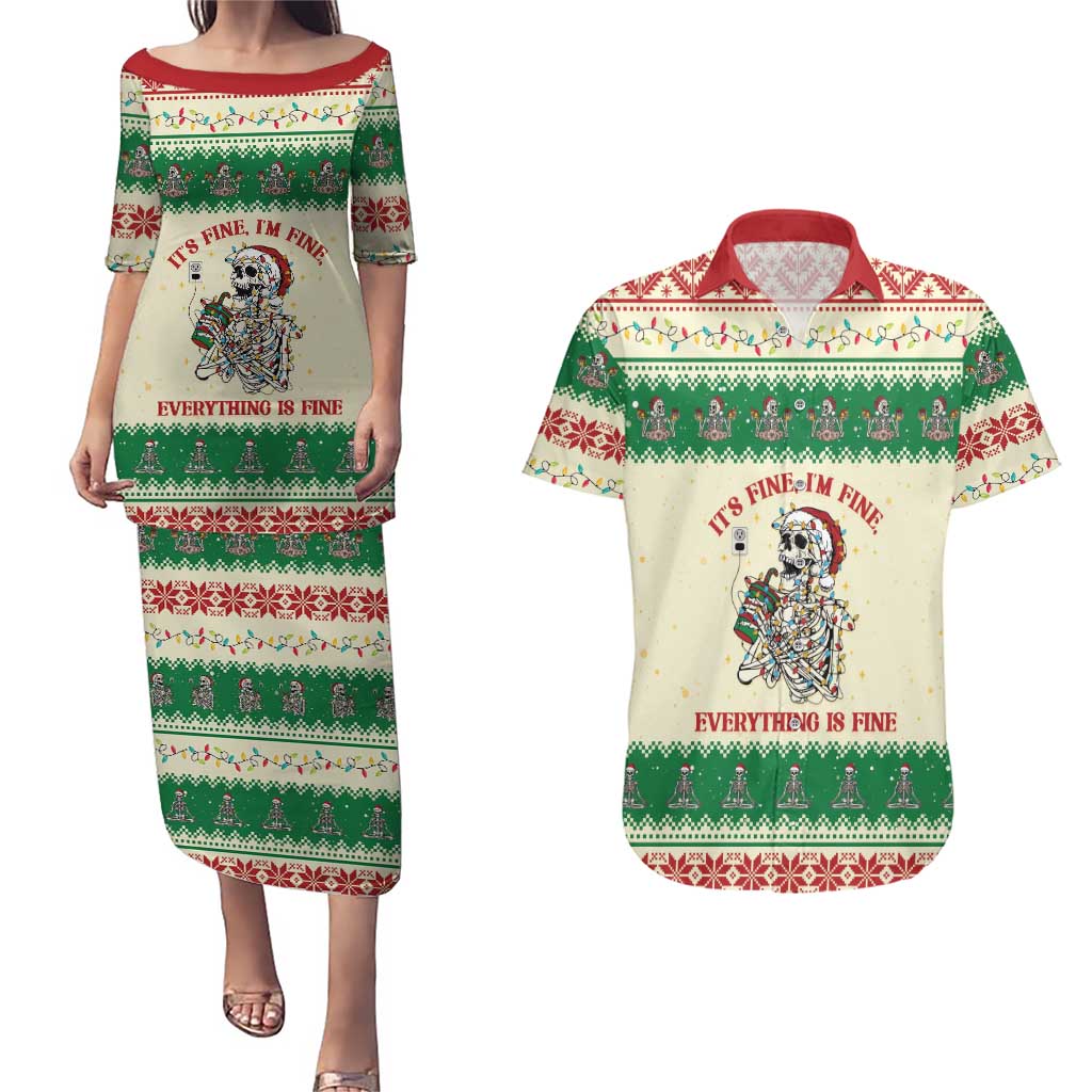 Funny Skeleton Christmas Couples Matching Puletasi and Hawaiian Shirt It's Fine I'm Fine Everything Is Fine - Wonder Print Shop