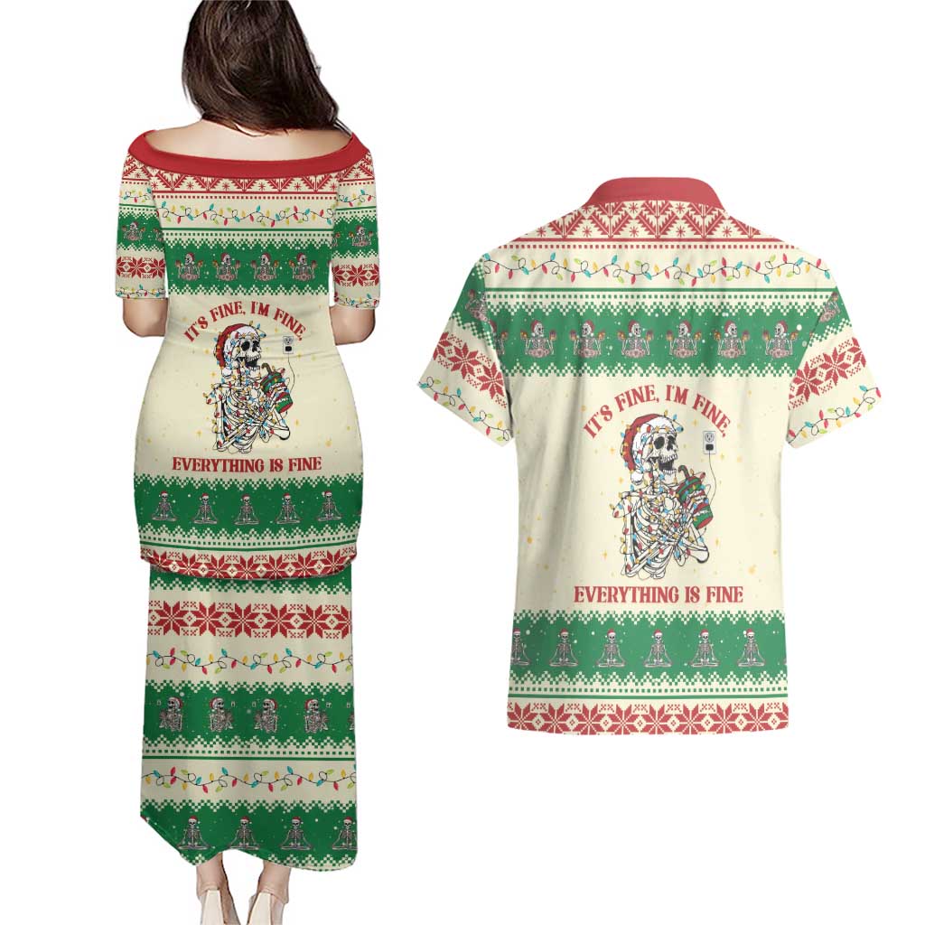 Funny Skeleton Christmas Couples Matching Puletasi and Hawaiian Shirt It's Fine I'm Fine Everything Is Fine - Wonder Print Shop