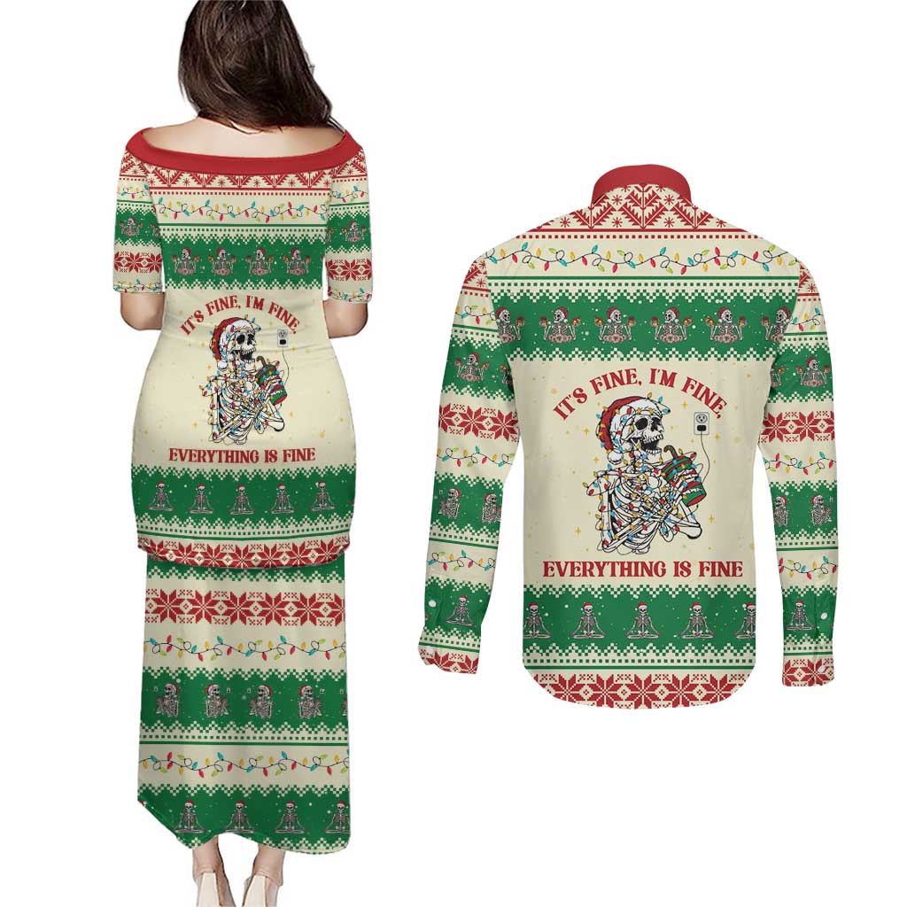 Funny Skeleton Christmas Couples Matching Puletasi and Long Sleeve Button Shirt It's Fine I'm Fine Everything Is Fine - Wonder Print Shop