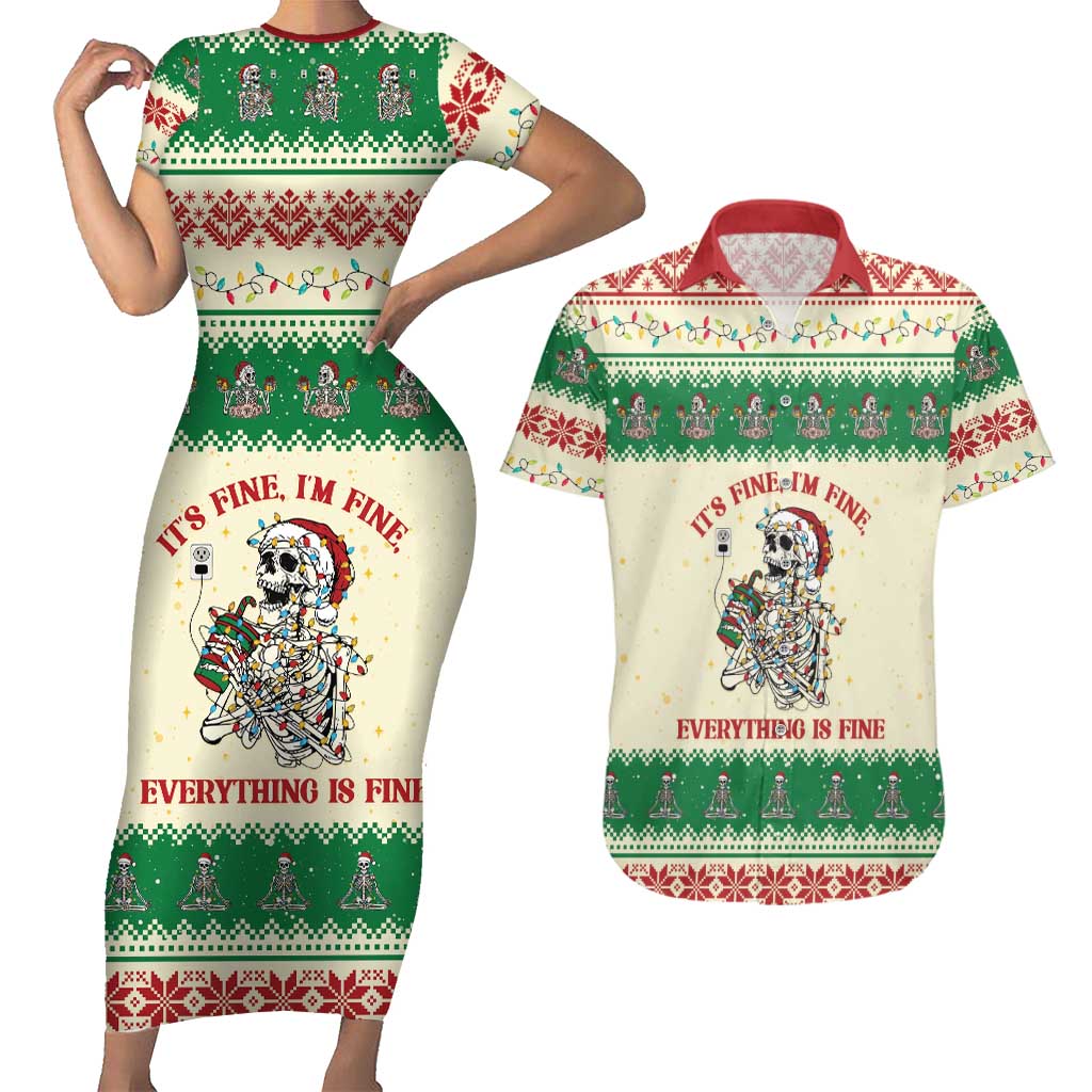 Funny Skeleton Christmas Couples Matching Short Sleeve Bodycon Dress and Hawaiian Shirt It's Fine I'm Fine Everything Is Fine - Wonder Print Shop