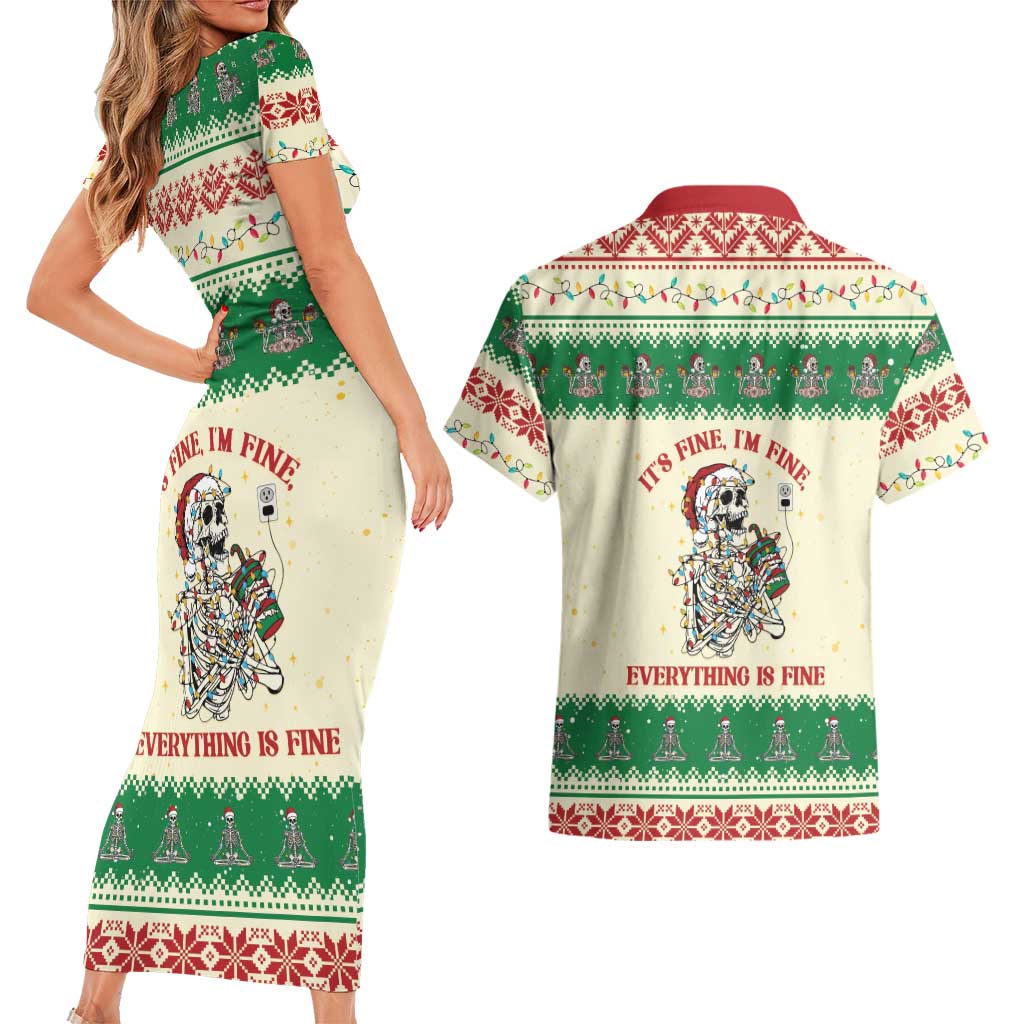 Funny Skeleton Christmas Couples Matching Short Sleeve Bodycon Dress and Hawaiian Shirt It's Fine I'm Fine Everything Is Fine - Wonder Print Shop