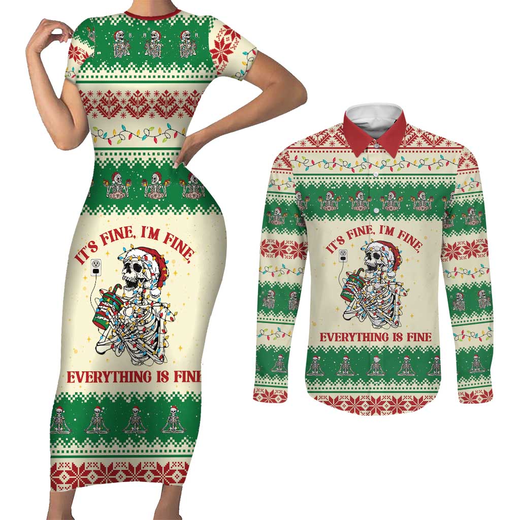 Funny Skeleton Christmas Couples Matching Short Sleeve Bodycon Dress and Long Sleeve Button Shirt It's Fine I'm Fine Everything Is Fine - Wonder Print Shop
