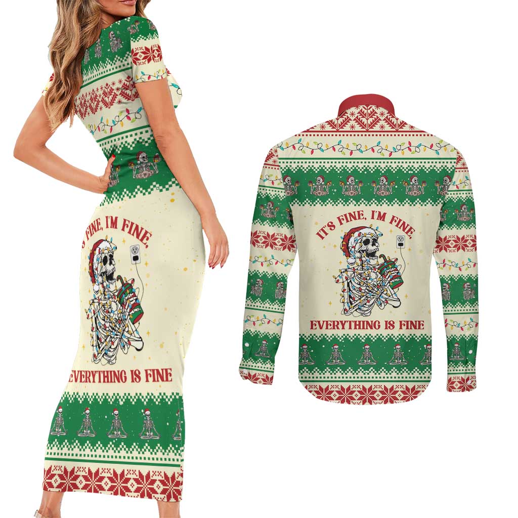 Funny Skeleton Christmas Couples Matching Short Sleeve Bodycon Dress and Long Sleeve Button Shirt It's Fine I'm Fine Everything Is Fine - Wonder Print Shop