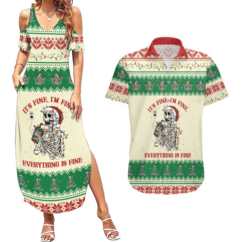 Funny Skeleton Christmas Couples Matching Summer Maxi Dress and Hawaiian Shirt It's Fine I'm Fine Everything Is Fine - Wonder Print Shop