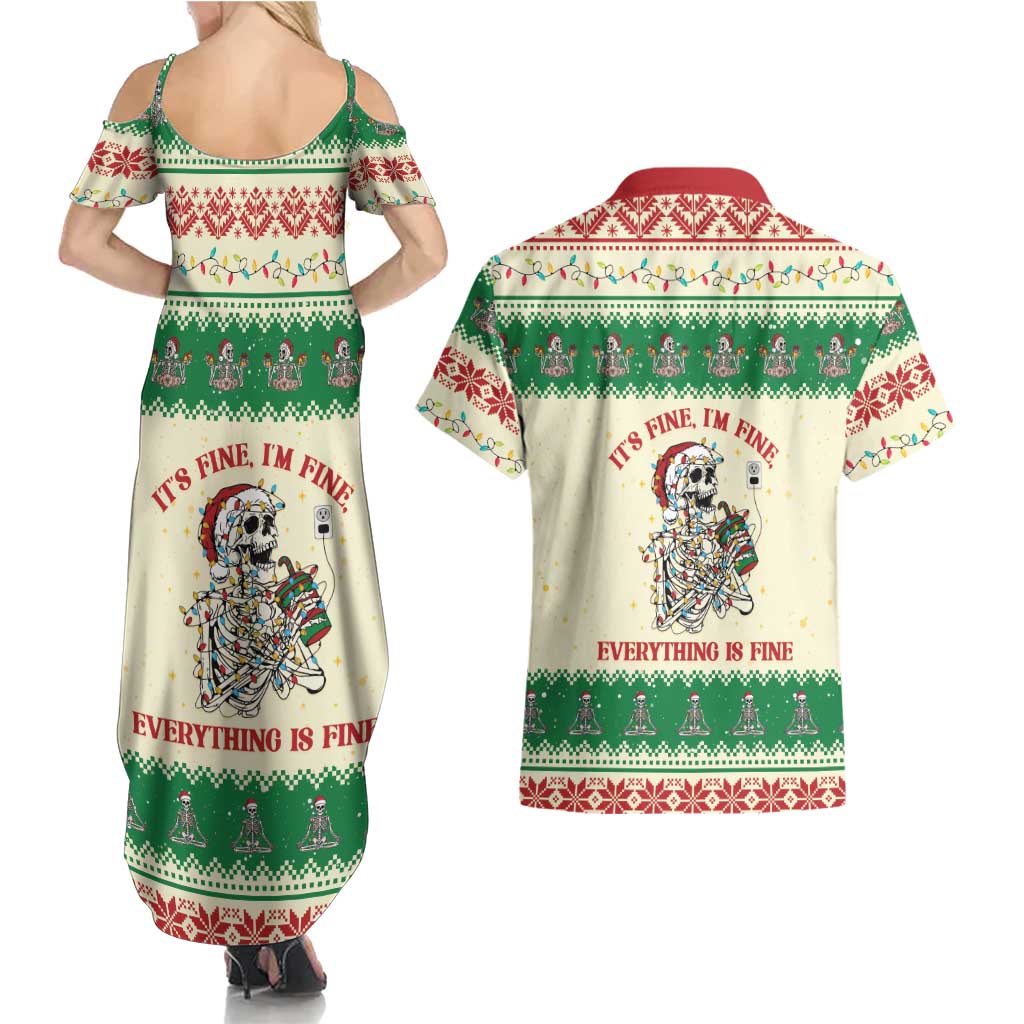 Funny Skeleton Christmas Couples Matching Summer Maxi Dress and Hawaiian Shirt It's Fine I'm Fine Everything Is Fine - Wonder Print Shop