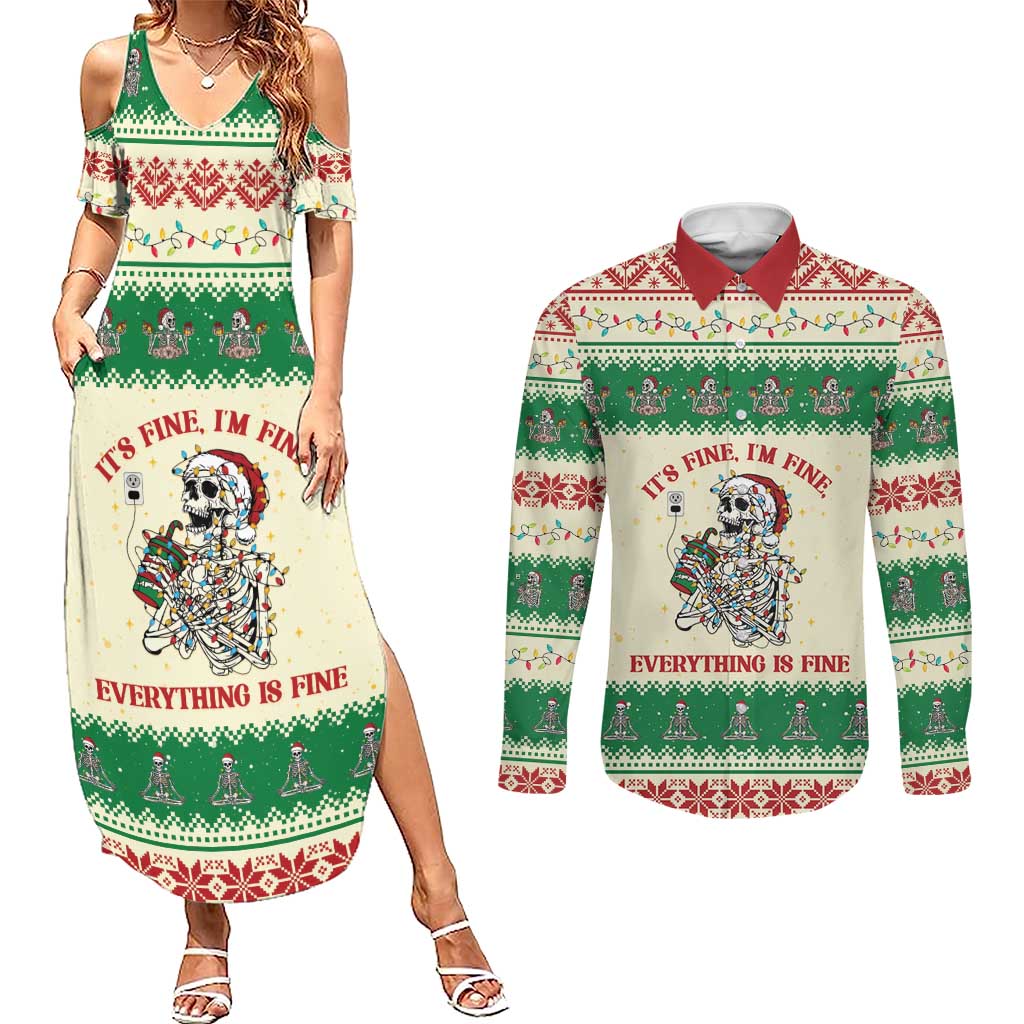 Funny Skeleton Christmas Couples Matching Summer Maxi Dress and Long Sleeve Button Shirt It's Fine I'm Fine Everything Is Fine - Wonder Print Shop