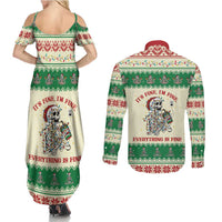 Funny Skeleton Christmas Couples Matching Summer Maxi Dress and Long Sleeve Button Shirt It's Fine I'm Fine Everything Is Fine - Wonder Print Shop