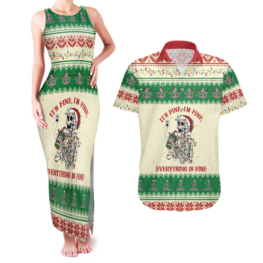 Funny Skeleton Christmas Couples Matching Tank Maxi Dress and Hawaiian Shirt It's Fine I'm Fine Everything Is Fine - Wonder Print Shop