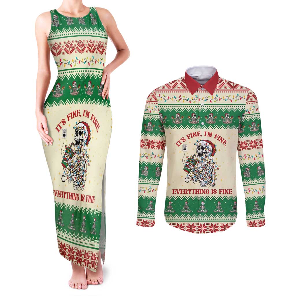 Funny Skeleton Christmas Couples Matching Tank Maxi Dress and Long Sleeve Button Shirt It's Fine I'm Fine Everything Is Fine - Wonder Print Shop