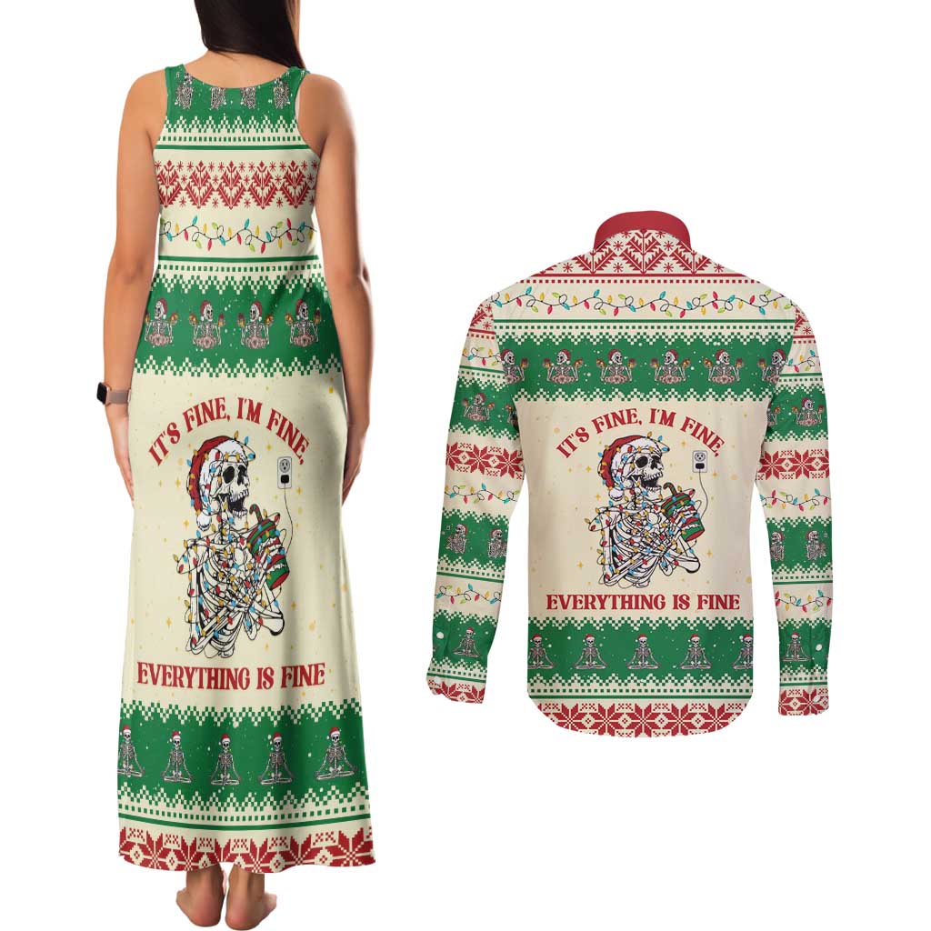 Funny Skeleton Christmas Couples Matching Tank Maxi Dress and Long Sleeve Button Shirt It's Fine I'm Fine Everything Is Fine - Wonder Print Shop