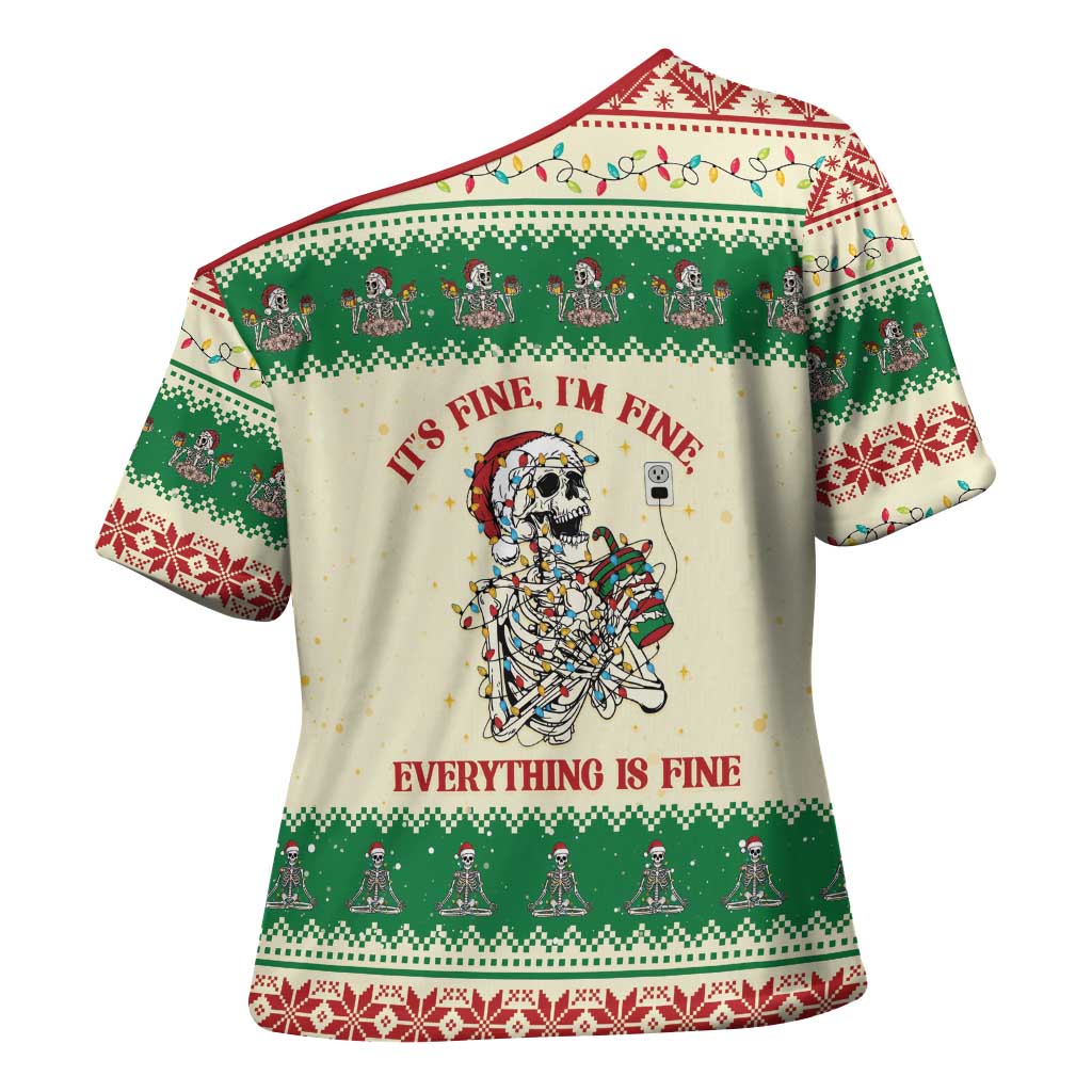 Funny Skeleton Christmas Cross Shoulder Shirt It's Fine I'm Fine Everything Is Fine - Wonder Print Shop