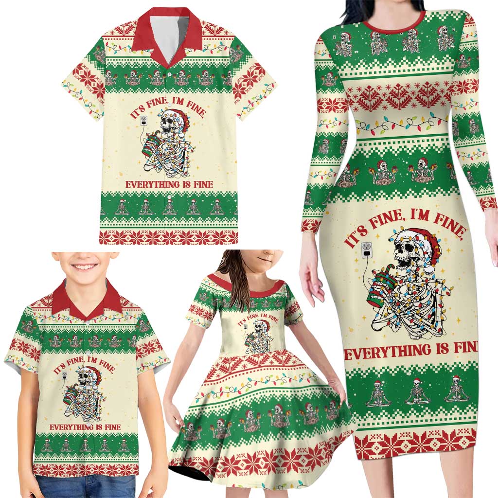 Funny Skeleton Christmas Family Matching Long Sleeve Bodycon Dress and Hawaiian Shirt It's Fine I'm Fine Everything Is Fine - Wonder Print Shop