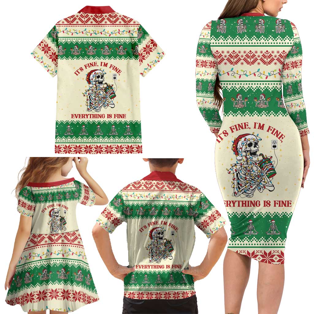 Funny Skeleton Christmas Family Matching Long Sleeve Bodycon Dress and Hawaiian Shirt It's Fine I'm Fine Everything Is Fine - Wonder Print Shop