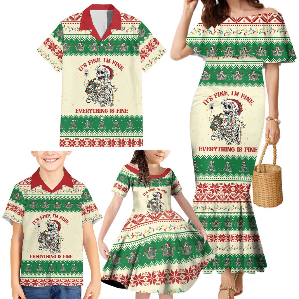 Funny Skeleton Christmas Family Matching Mermaid Dress and Hawaiian Shirt It's Fine I'm Fine Everything Is Fine - Wonder Print Shop
