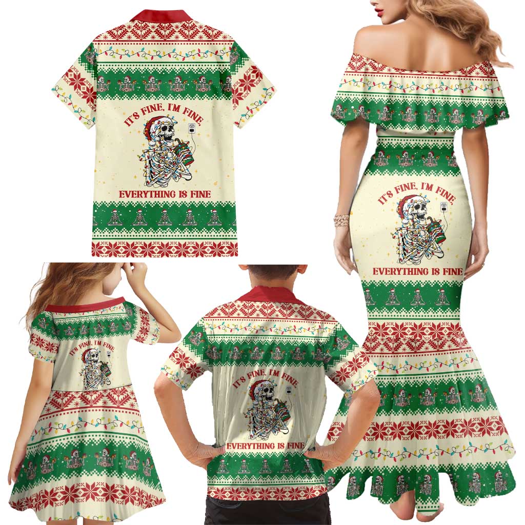 Funny Skeleton Christmas Family Matching Mermaid Dress and Hawaiian Shirt It's Fine I'm Fine Everything Is Fine - Wonder Print Shop
