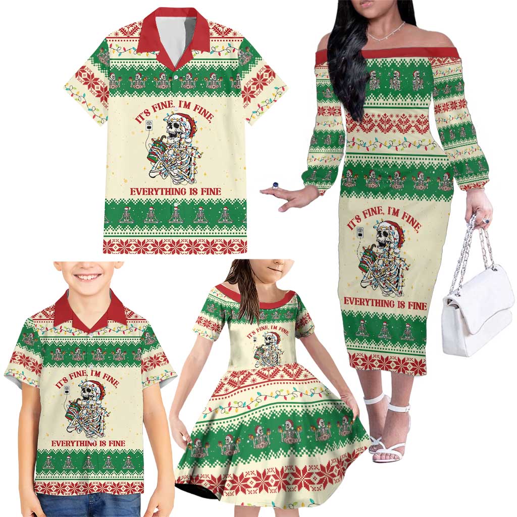 Funny Skeleton Christmas Family Matching Off The Shoulder Long Sleeve Dress and Hawaiian Shirt It's Fine I'm Fine Everything Is Fine - Wonder Print Shop