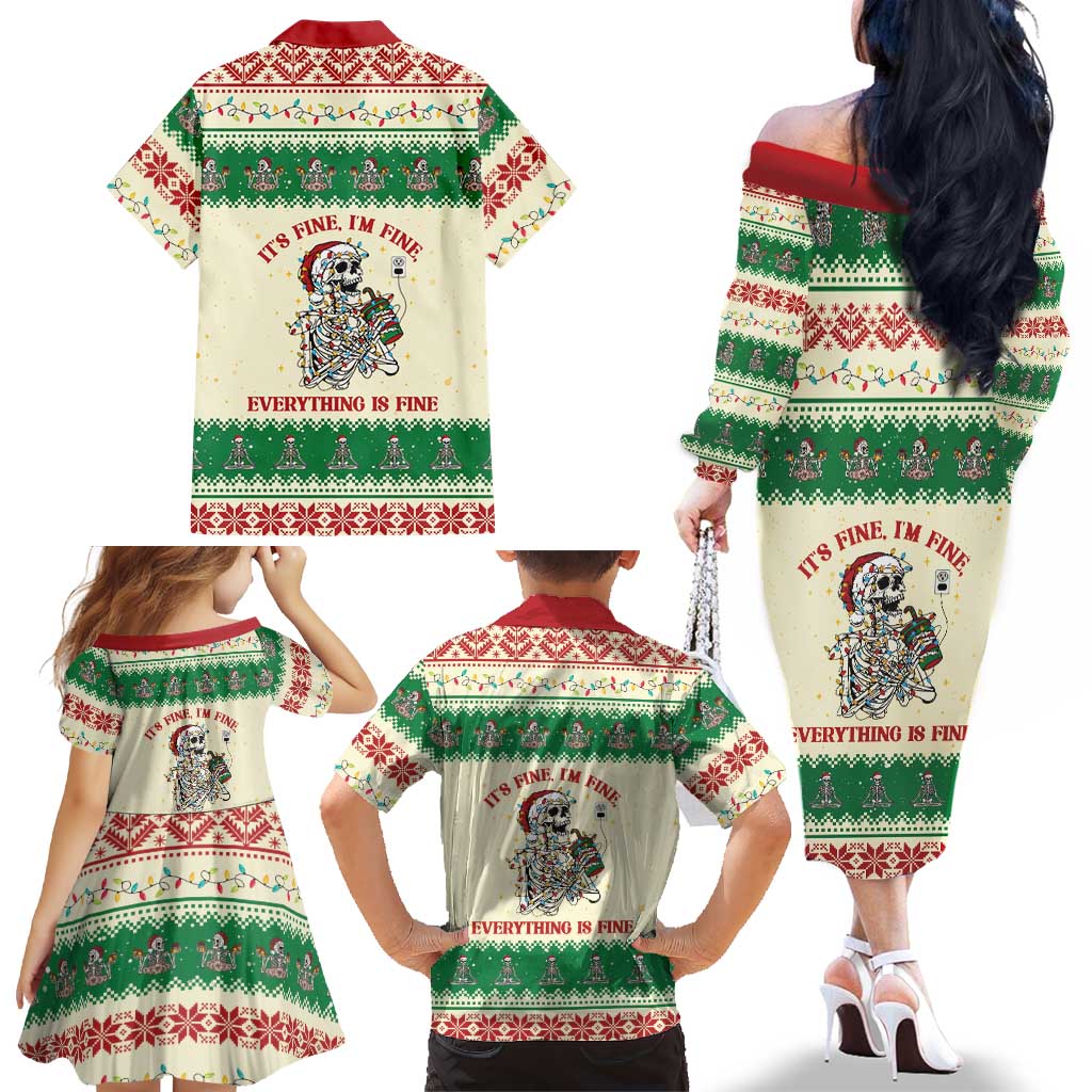Funny Skeleton Christmas Family Matching Off The Shoulder Long Sleeve Dress and Hawaiian Shirt It's Fine I'm Fine Everything Is Fine - Wonder Print Shop