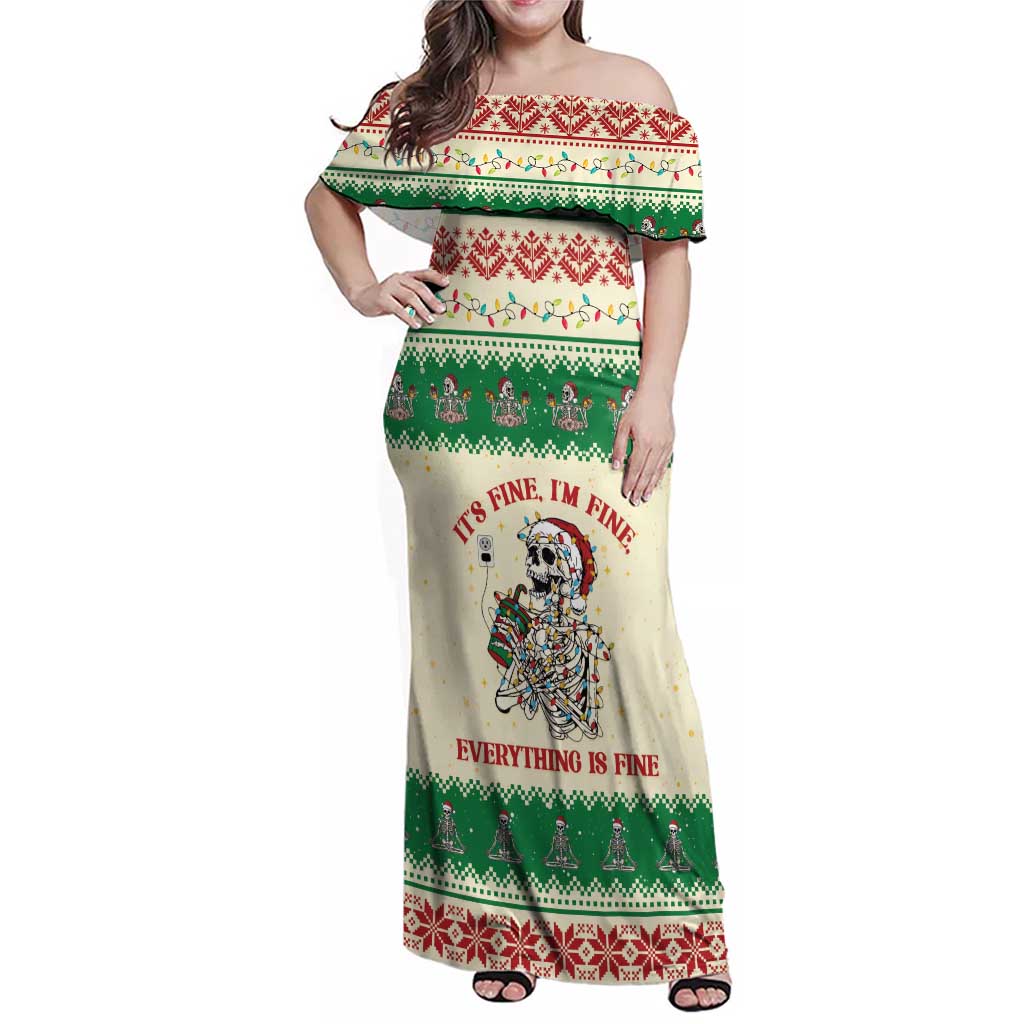 Funny Skeleton Christmas Family Matching Off Shoulder Maxi Dress and Hawaiian Shirt It's Fine I'm Fine Everything Is Fine - Wonder Print Shop