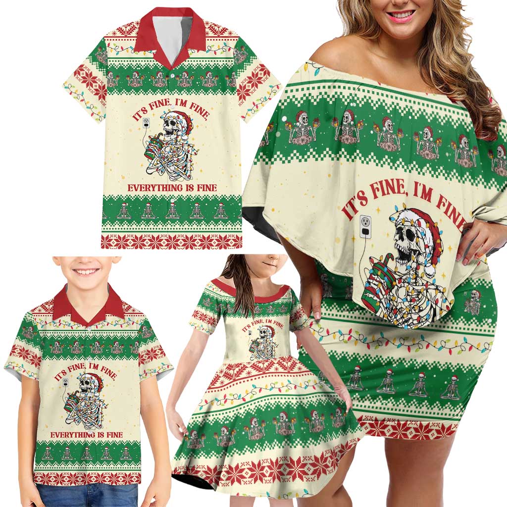 Funny Skeleton Christmas Family Matching Off Shoulder Short Dress and Hawaiian Shirt It's Fine I'm Fine Everything Is Fine - Wonder Print Shop