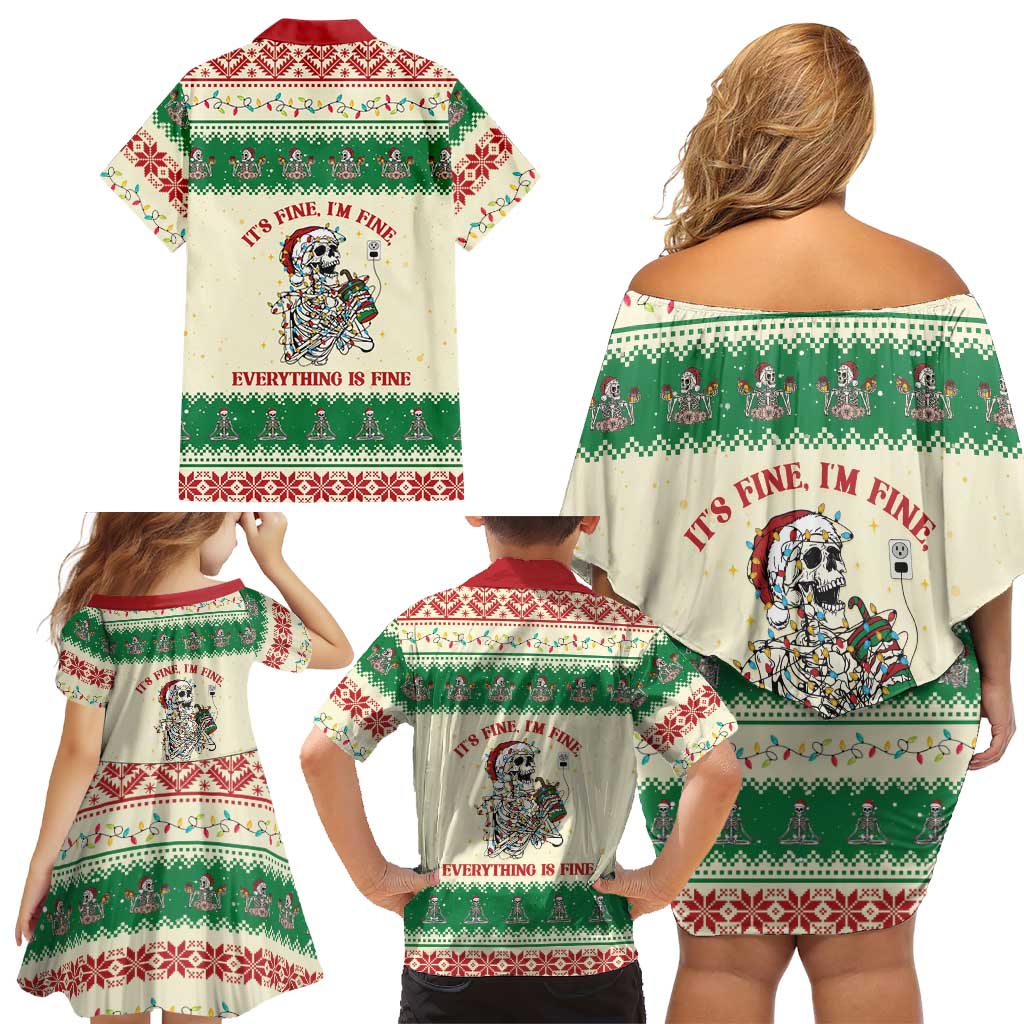 Funny Skeleton Christmas Family Matching Off Shoulder Short Dress and Hawaiian Shirt It's Fine I'm Fine Everything Is Fine - Wonder Print Shop