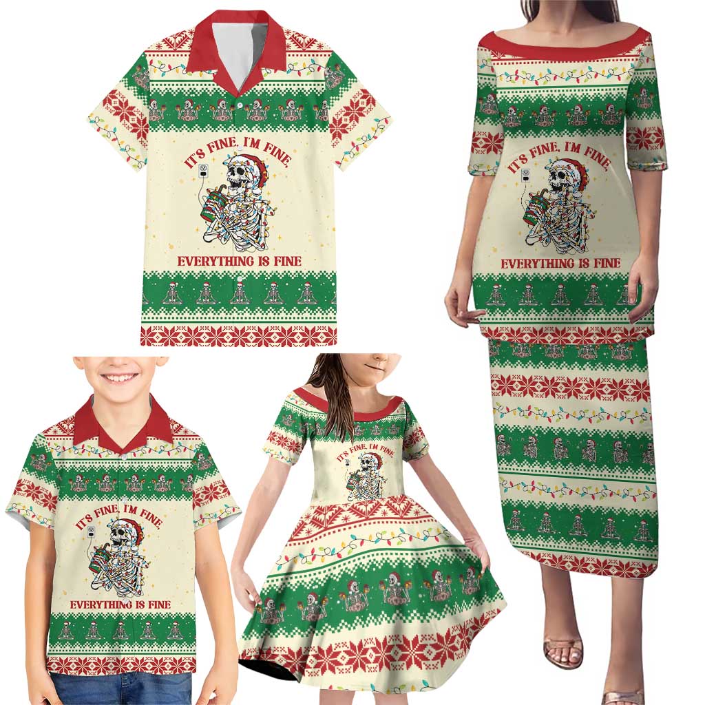 Funny Skeleton Christmas Family Matching Puletasi and Hawaiian Shirt It's Fine I'm Fine Everything Is Fine - Wonder Print Shop