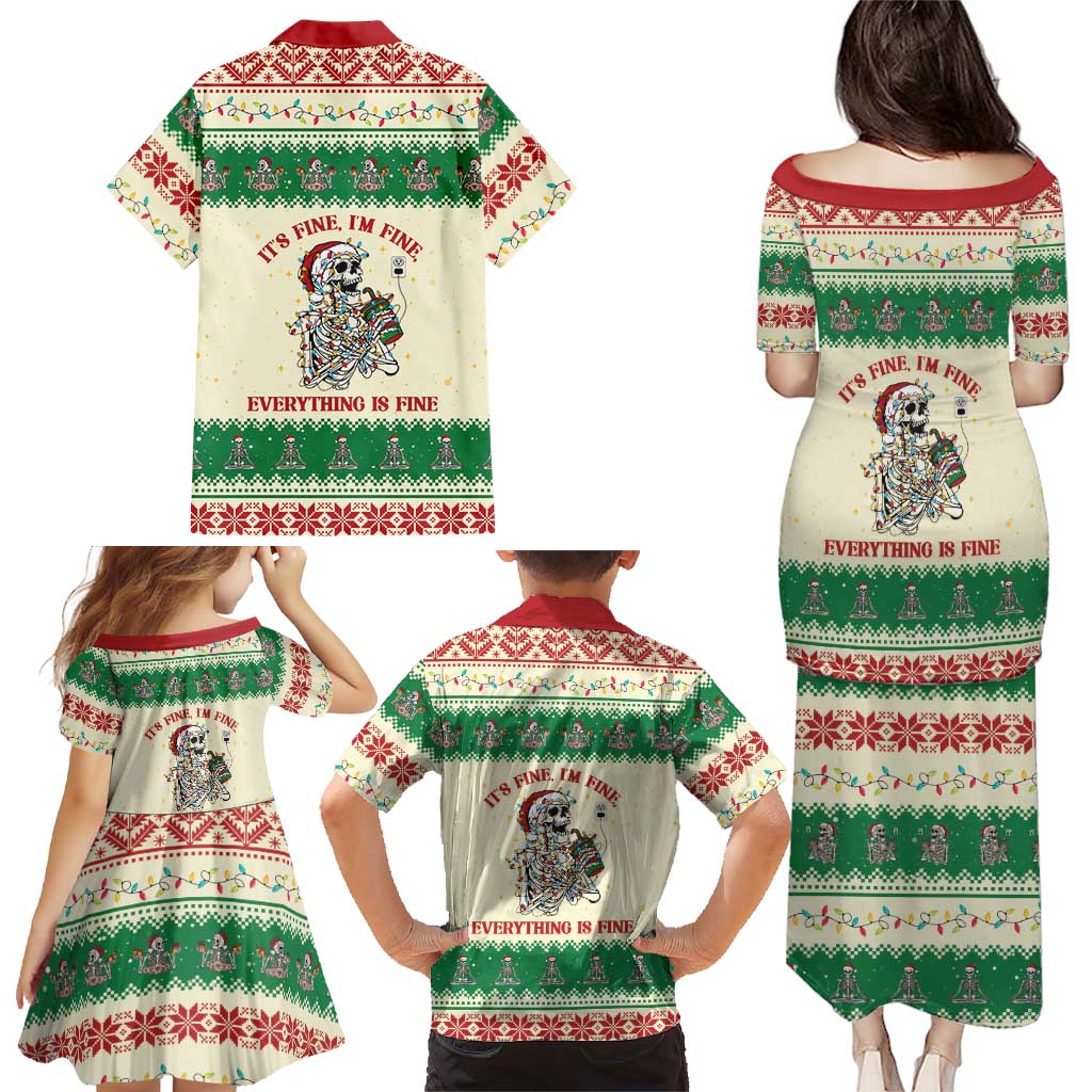 Funny Skeleton Christmas Family Matching Puletasi and Hawaiian Shirt It's Fine I'm Fine Everything Is Fine - Wonder Print Shop
