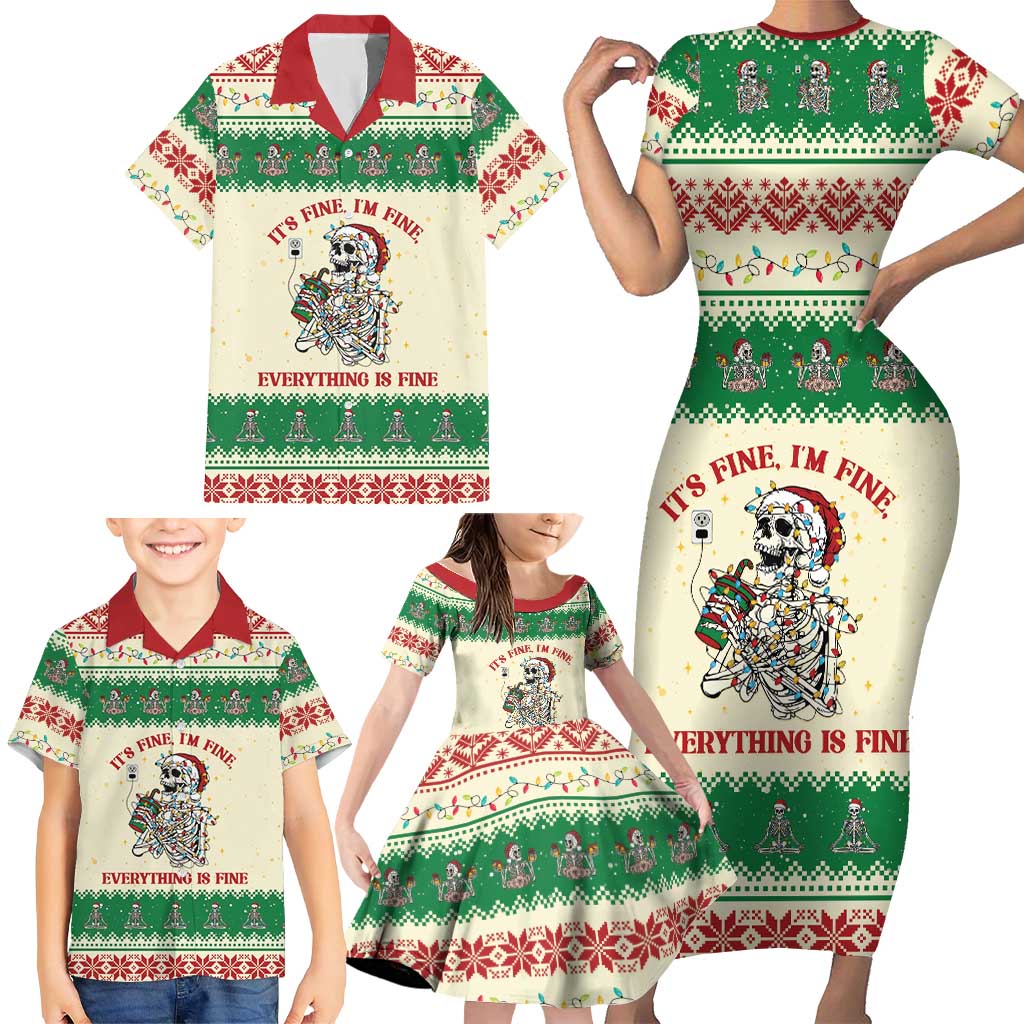 Funny Skeleton Christmas Family Matching Short Sleeve Bodycon Dress and Hawaiian Shirt It's Fine I'm Fine Everything Is Fine - Wonder Print Shop
