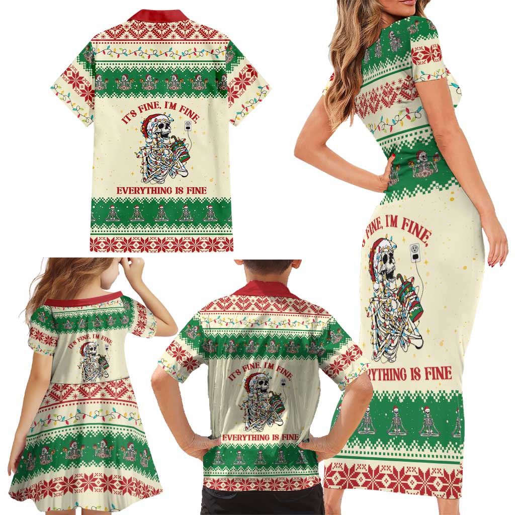Funny Skeleton Christmas Family Matching Short Sleeve Bodycon Dress and Hawaiian Shirt It's Fine I'm Fine Everything Is Fine - Wonder Print Shop