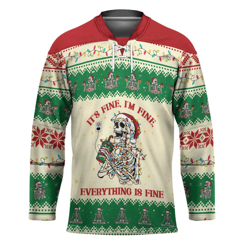 Funny Skeleton Christmas Hockey Jersey It's Fine I'm Fine Everything Is Fine - Wonder Print Shop