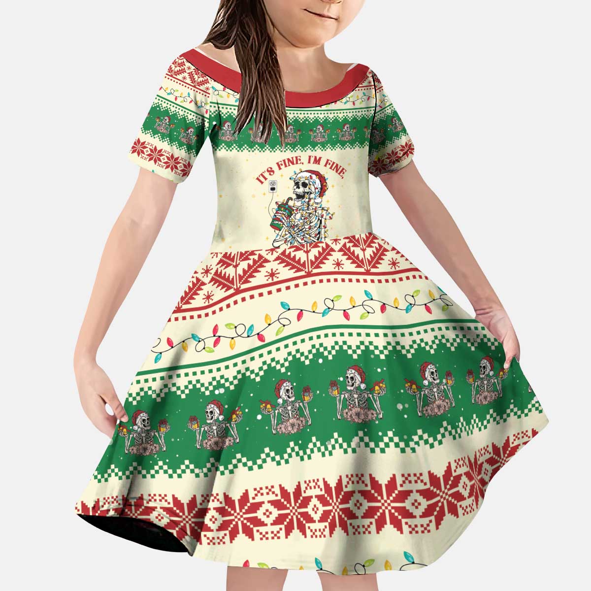 Funny Skeleton Christmas Kid Short Sleeve Dress It's Fine I'm Fine Everything Is Fine - Wonder Print Shop